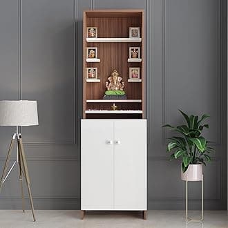 FURNEASER Shrisha Wooden Pooja Mandir for Home with Spacious Storage | Engineered Wood Floor-Standing Temple with Decorative Shelves | Exotic Teak & White Finish, 161x50x28 cm Prayer Unit