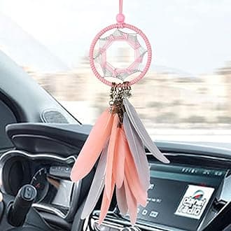 Alynsehom Dream Catcher Car Rearview Mirror Hanging Accessories Handmade Grids Pink Feather Car Charms Pendant Bedroom Decor 2.8" Diameter (Pink Feather)