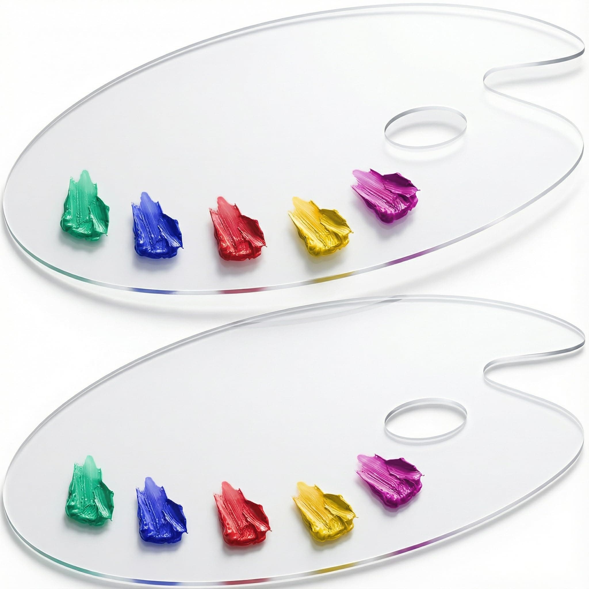 Acrylic Paint Palette 2pcs 11.8 x 7.9 inches with Thumb Hole by DUGATO, Clear Oval-Shaped Non-Stick Acrylic Oil Paint Mixing Tray- Comfortable to Hold & Easy to Clean - for DIY Art Painting Plate
