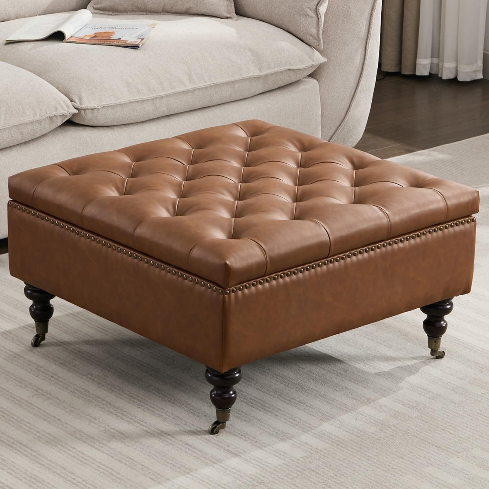 Large Square Storage Ottoman Uphlostered Tufted Button Coffee Table, Oversized Footrest Bench with Castered Rolling Wheels for Living Room, Brown Faux Leather