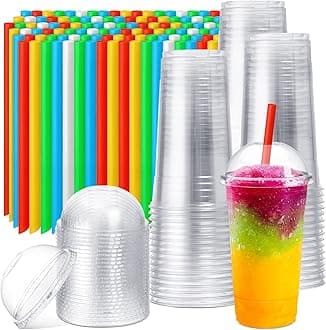 Lallisa 100 Sets Clear Plastic Cups with Dome Lids and Colorful Straws, Disposable Slushie Smoothie Cups PET Beverage for Party Iced Coffee Cold Drinks Juice Milkshake Fruit Tea Dessert(32 oz)