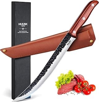 Huusk Breaking Knife 10 Inch-Hand Forged Carving Knives for Meat Japanese Cimeter Curved Blade Butcher Knives Professional with Leather Sheath for Camping Outdoor BBQ