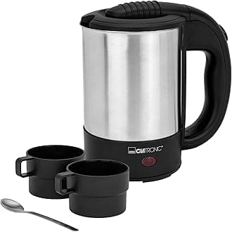 Clatronic WKR 3624 travel kettle, capacity up to 0.5 liters, ideal for travel, camping and on the go, incl. 2 cups of 170 ml, transport/travel bag and coffee spoon, stainless steel/black