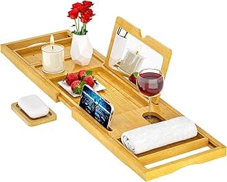 Premium Bathtub Tray Caddy with Makeup Mirror Bamboo - Bath Tray Expandable- Unique House Warming Gifts, New Home, Anniversary & Wedding Gifts for Couple, Bridal Shower Gift for Wome