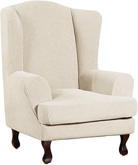 Turquoize Wingback Chair Covers 2 Piece Wing Chair Slipcover Stretch Slipcovers for Wingback Chairs Wing Chair Cover Spandex Jacquard Fabric with Elastic Bottom Non-Slip Furniture Cover,Biscotti Beige