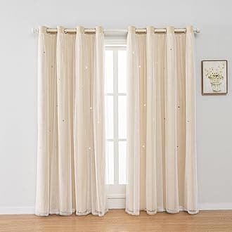 FANLI 2 Panels Star Blackout Curtains for Kid Girls Bedroom Living Room Darking Stripe Double Layer Star Cut Out Wall Home Decor Gradient Grommet Window Curtains (Beige 72L)
