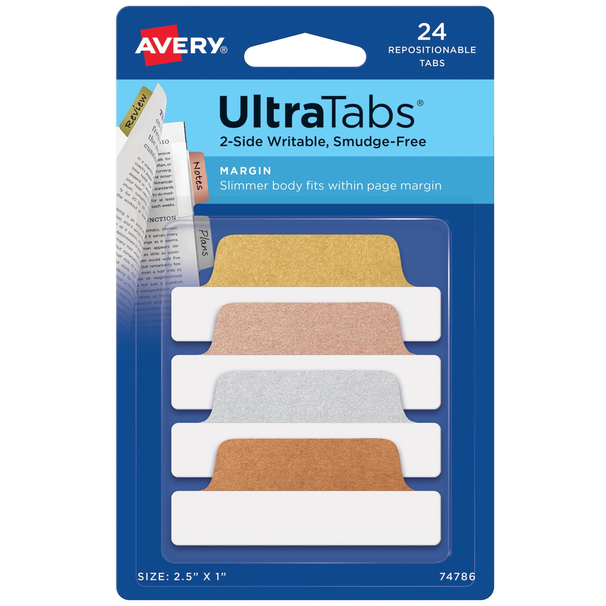 Margin Ultra Tabs, 2.5" x 1", 2-Side Writable, Assorted Metallic, 24 Repositionable Page Tabs (74786)