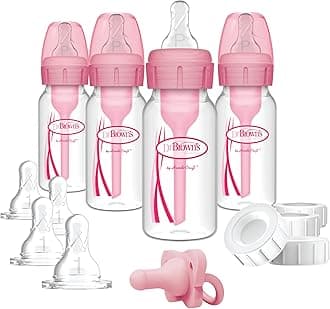 Anti-Colic Baby Feeding Set with Slow Flow Nipples, Travel Caps, Silicone Pacifier - Pink