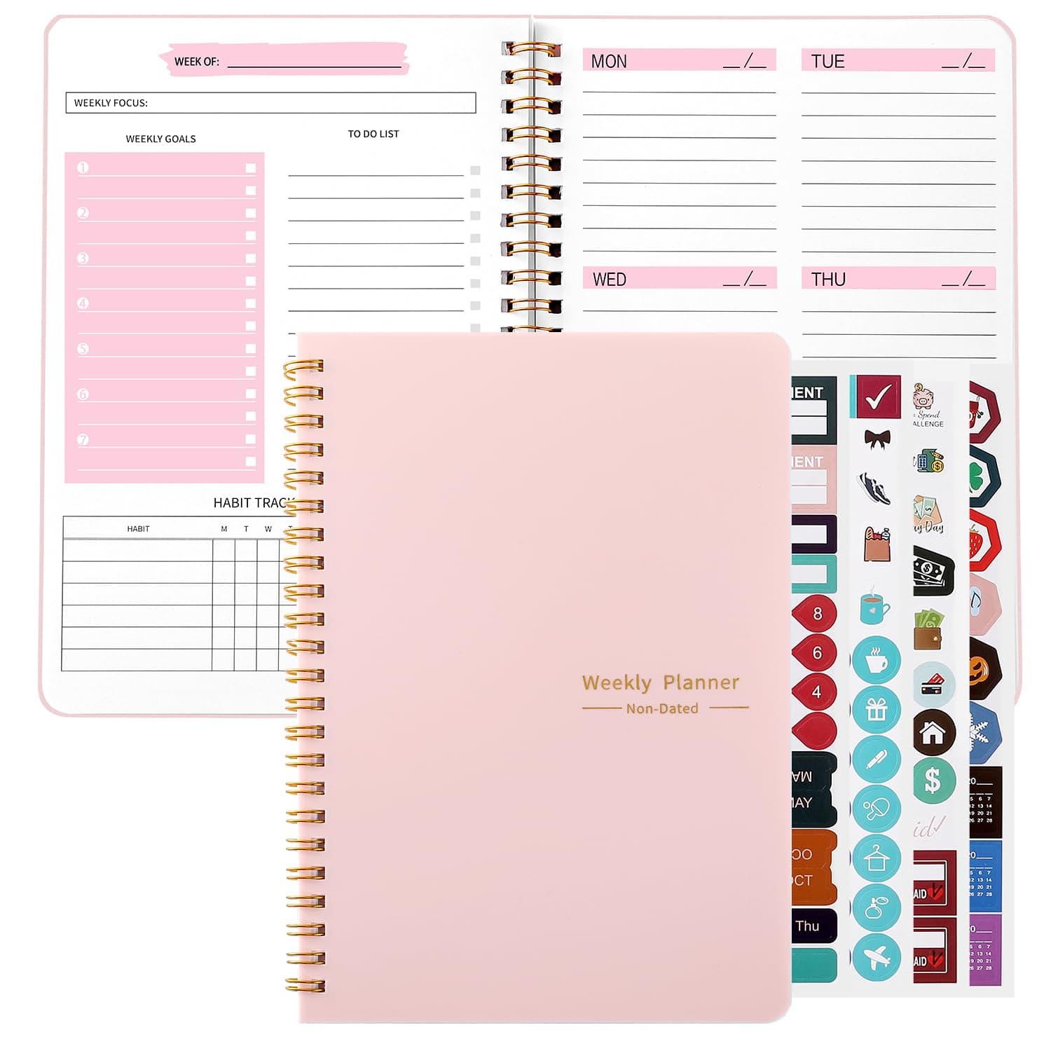 A5 Weekly Planner Notebook, Undated To Do List Notebook Diary 52 weeks of Daily Planner tracking for Daily life, Work, Students