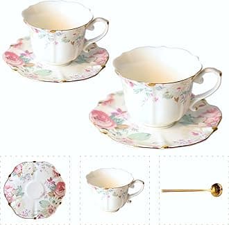 Vintage Floral Porcelain Tea Cup and Saucer Set with Spoon, Gold Trim, 6.4 oz – Set of 2, Pink – Tea &Espresso & Coffee Cups(2, Pink)