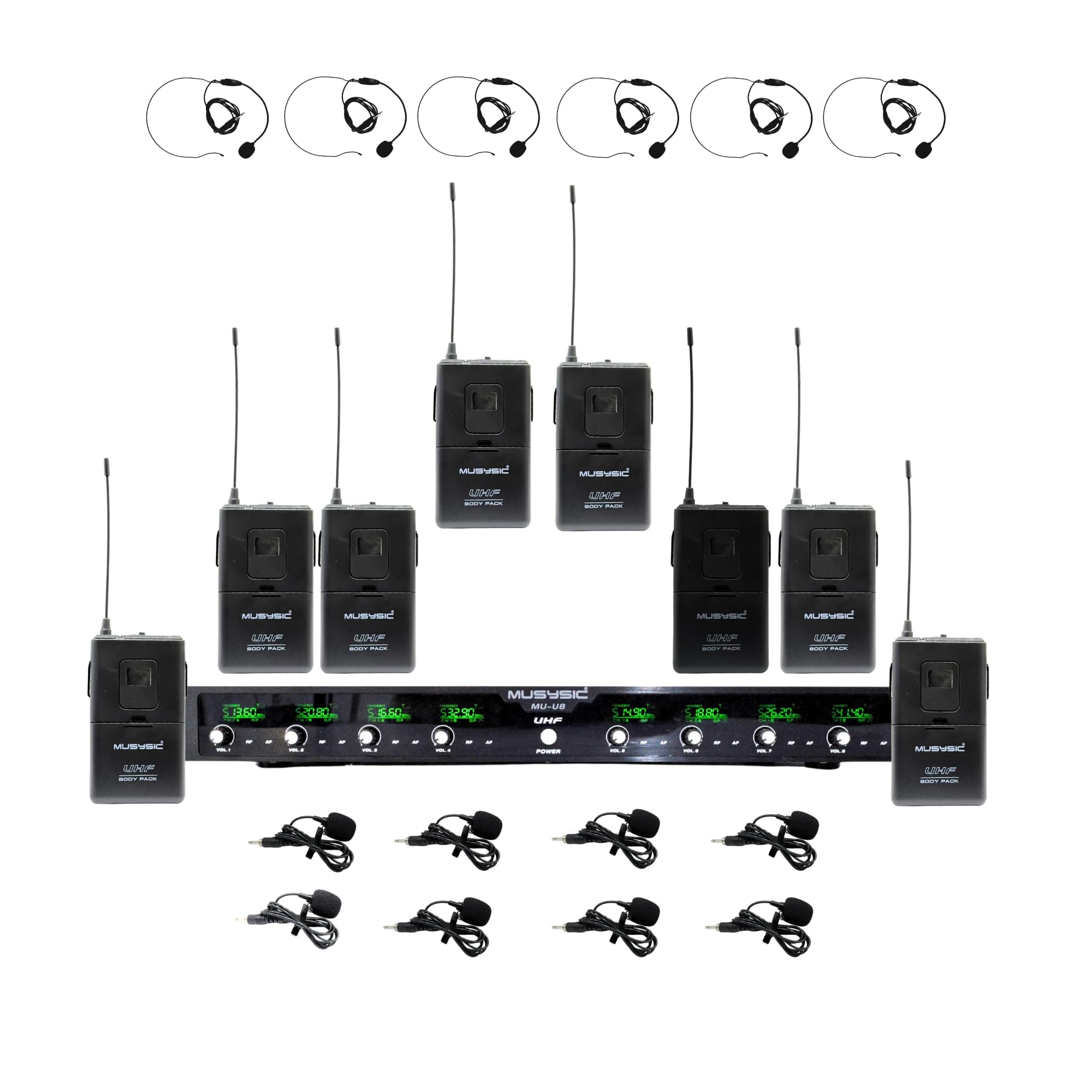 8-Channel Professional Wireless UHF Microphone System, 300ft Range Fixed Frequency Bodypack Headset/Lapel Microphones for Singing, Karaoke, Church, DJ (Frequency Set 2)