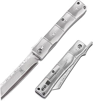 KATSU Handmade Full Damascus Pocket Knife,3" Damascus Blade Bamboo Style Men Women Folding Knife with Clip Linner Lock, Japanese Razor Work Knife with Leather Sheath Camping Hiking