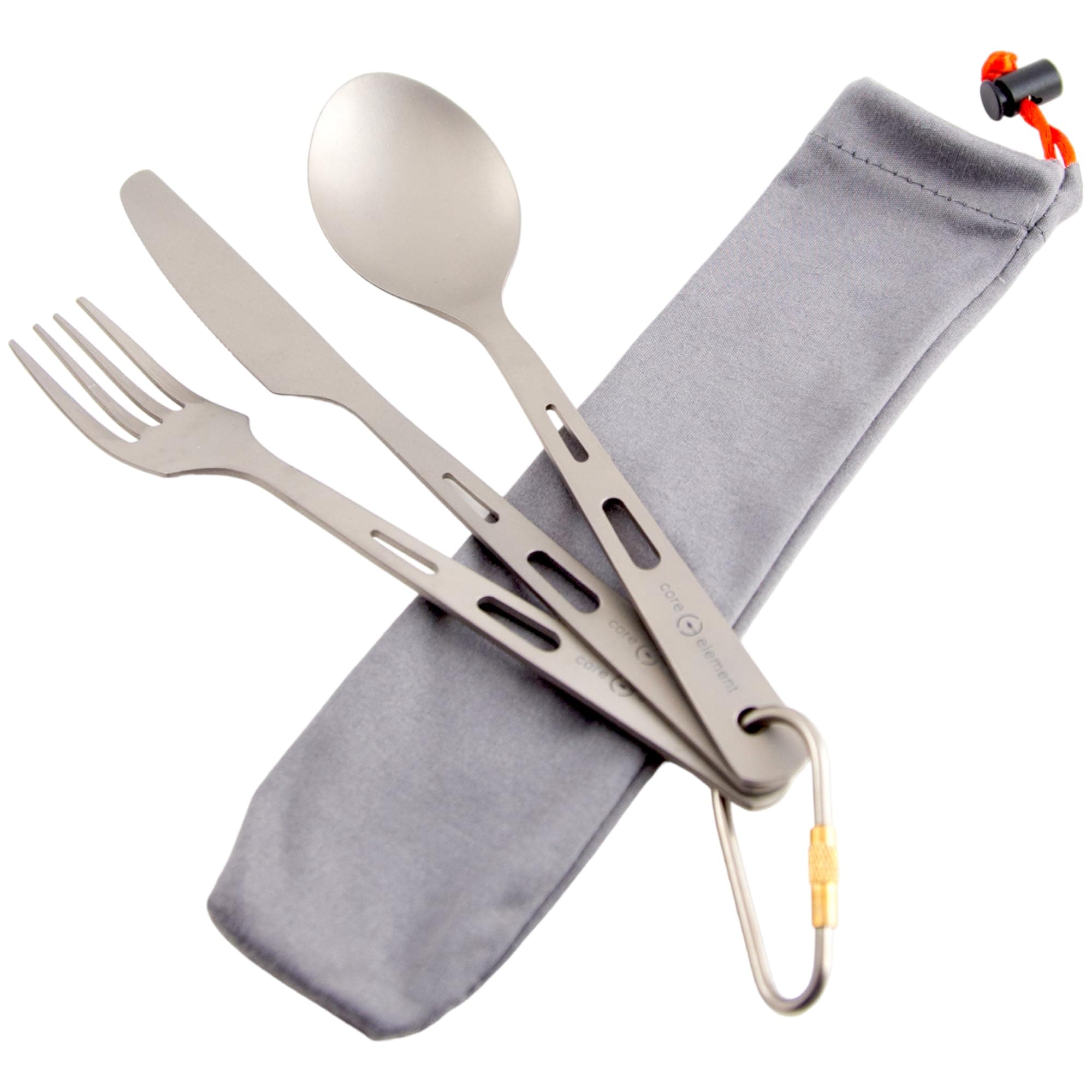 Core Element Titanium Three-piece Utensil Set Fork Knife Spoon Bushcraft Outdoor Ultralight Portable Open Campfire Flatware for Camping Backpacking (Pack of 1)