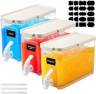 Mumufy 3 Set Plastic Drink Dispensers for Parties Beverage Dispenser for Fridge with Spigot Iced Juice Lemonade Container with Labels and Pens Summer Party Supplies(1 Gallon,White)