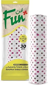 FUN BY AL BAYADER فن everyday plastic sufra disposable table cover 1x1.2m - printed, sofra roll of 30 sheets-assorted colors
