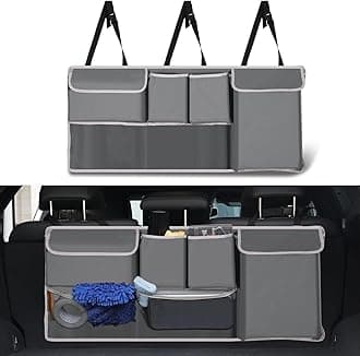 Trunk Hanging Organizer, Backseat Storage Bag, Collapsible Car Interior Accessories with 4 Pockets & 2 Mesh Pouches for Tools, Provide More Storage Trunk Space for SUV, Jeep, MPVs (Grey)