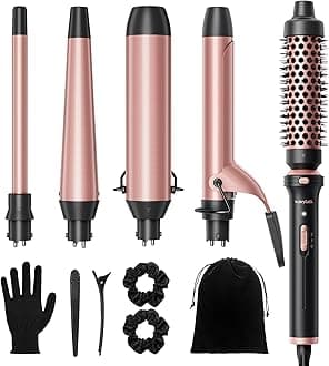 wavytalk5 in 1 Interchangeable Ceramic Curling Iron Set with Thermal Brush, 0.5"-1.5" Barrels, Instant Heat Up, Dual Voltage