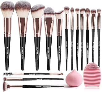 MAANGE Professional Makeup Brushes 15 Pcs Synthetic Makeup Brushes Set with 1 Makeup Sponge & 1 Brush Cleaner (Black Gold)
