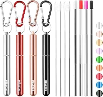 4 Pack Portable Reusable Metal Straw Collapsible Stainless Steel Drinking Straw Telescopic Straw to Drink Water Smoothie with Aluminum Key-chain Case & Cleaning Brush (Black&rose gold&silver&red)