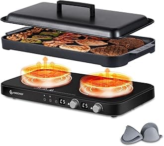 Double Induction Cooktop with Removable Griddle Pan Non-stick, 1800W 2 burner Portable Induction Stove With Sensor Touch 9 Power Levels, 99 Min Timer, Black
