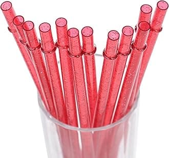 DAKOUFISH 11 Inch Reusable Plastic Glitter Sparkle Drinking Straws,BPA-Free,for 24oz 30oz Tumblers/Jars,12 Straws with One Cleaning Brush(11inch Red)