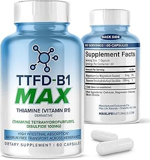 TTFD Thiamine B1 Supplement – 60 Capsules, High Potency Vitamin B1 Thiamine Supplement for Focus, Supports Optimal Nerve Function, TTFD-B1 Max Formula with Magnesium, Made in USA