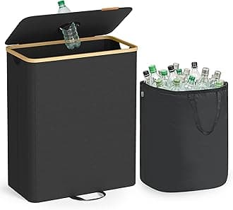 SONGMICS Recycling Bin for Kitchen 37 Gallon. Bottle Recycling Container, Collection Bin, for Metal, Plastic, Paper, Glass, Inner Bag with Handles, Kitchen, Ink Black and Natural Beige URRB513B01