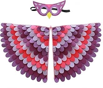 Proumhang Kids Bird Wings Costume For Age 3~8 Years,Bird Owl And Peacock Masque Owl Dress Up,Boys Girls Felt Eye Masque And Wings Set,Halloween Colorful Fancy Dress,Style 8