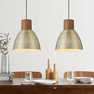 2 Pack Hammered Pendant Light Fixtures, 10.2" Vintage Metal Solid Wood Hanging Bar Lamp, Mid Century Antique Gold Pendant Lights for Kitchen Island, Farmhouse, Dining Room, Brushed Brass