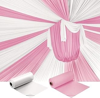 Moukeren Plastic Table Cover Roll Disposable DIY Tablecloth Roll Carnival Tent Party Supplies for Big Top Tent Backdrop Curtains Patriotic Ceiling Walls Drapes (White and Pink,40'' X 200')