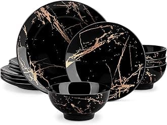 LOVECASA 12 Piece Porcelain Dinner Set for 4 People Black and Gold Dishwasher and Microwave Safe