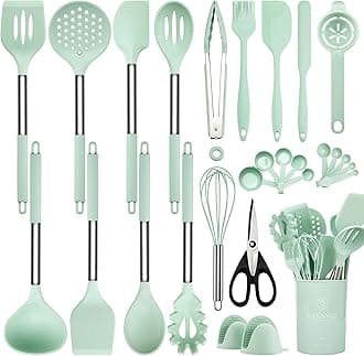 Silicone Cooking Utensils Set, 28 Pcs Kitchen Utensils Set 446°F Heat Resistant Spatula Set, Food Grade Silicone and Stainless Steel Handle Kitchen Gadgets for Nonstick Cookware BPA Free