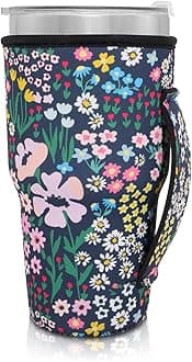 Reusable Iced Coffee Cup Sleeve Neoprene Insulated Sleeves Cup Holder with handle Idea for 30oz - 32oz Tumbler Cups, Protein Shake Bottles(Only Cup Sleeves)(Daisy)