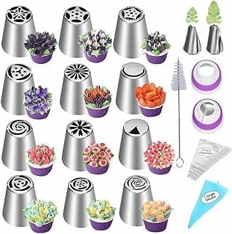 MDLJG 28 Pcs Russian Piping Tips Set, Frosting Nozzle Kit, Baking Supplies for Cookie Cupcake (12 Icing Tips 10 Pastry Baking Bags 2 Leaf Piping Tips 2 Couplers 1 Silicone Bag 1 cleaning brush)