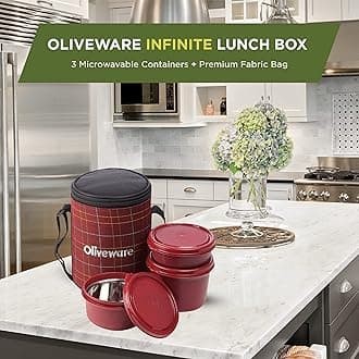 Oliveware Infinite Lunch Box, Microwave Safe & Leak Proof, 3 Inside Steel Containers with BPA Free Airtight Lids (290ml, 450ml & 600ml), Fabric Bag (Red)