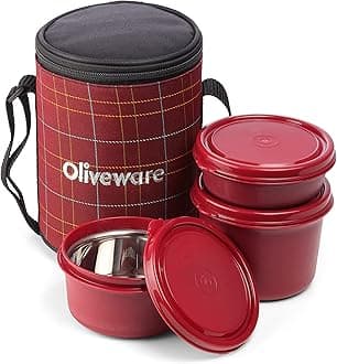 Oliveware Infinite Lunch Box, Microwave Safe & Leak Proof, 3 Inside Steel Containers with BPA Free Airtight Lids (290ml, 450ml & 600ml), Fabric Bag (Red)