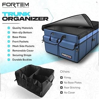 FORTEM Car Trunk Storage Organizer, Collapsible Multi Compartment, SUV Trunk Organizer, Non Slip Bottom, Adjustable Securing Straps, Foldable Cover (Blue, Large Size)