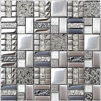 Blujellyfish Metallic Glass Mosaic Tiles Silver Gray 100% Glass Tile Water Resistant for Kitchen Backsplash Bathroom Shower Accent Wall Decor TSTGT151 (10 Square Feet)