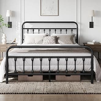 Yaheetech 5ft King Bed Frame Vintage Iron Platform Bed with High Headboard and Footboard, Strong Metal-Framed Bed with Storage Black