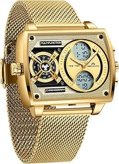 Watches Mens Stylish Digital Analogue Large Face Square Multi-Time Zone Wristwatch