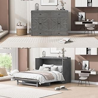 Queen Size Murphy Bed with Charging Station & Drawer,Mobile Cabinet Bed Murphy Chest Bed with USB Ports,Wooden Space-Saving Folding Murphy Bed for Bedroom Guest Room,Brushed Gray