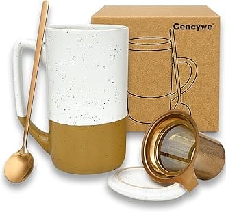 Ceramics Large Tea Cup with Loose Leaf Infuser, Spoon and Lid, 16 oz Tall Coffee Mug, Microwave and Dishwasher Safe, Rustic Matte Ceramic Glaze, Tea Strainer, Amber