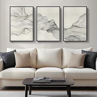 Large Framed Neutral Modern Abstract Wall Art, 3 Piece Black and Beige Canvas Prints Paintings Artwork for Walls, Minimalist Line Pictures for Living Room Hallway Office Wall Decor -Total 30x60 Inch