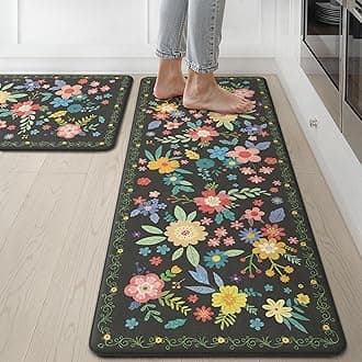 GENIMO Kitchen Mats for Floor 2PCS, Cushioned Kitchen Rugs Non Slip Washable, Farmhouse Anti Fatigue Mat Waterproof, Comfort Standing Mat Rug for Office, Home, Laundry, 17.3"x47"+17.3"x30", Black