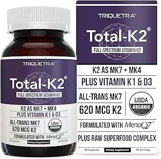 Total K2® | Vitamin K2 as MK7 & MK4 | Plus K1 & Vitamin D3 Cofactor - 620 mcg K2 per Serving - All-Trans MK7 from MenaQ7® - Full-Spectrum Vitamin K - Vegan, Organic Certified (60 Capsules)