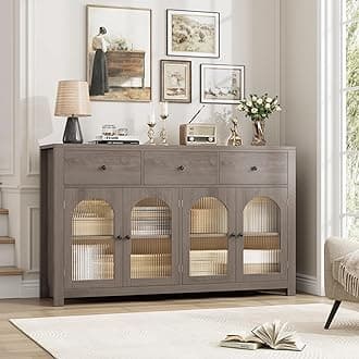 FINETONES 55.1" Large Sideboard Buffet Cabinet With Storage, Farmhouse Kitchen Display With 3 Drawers and 4 Doors, Wood Coffee Bar for Kitchen, Ash Grey