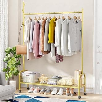 Lukzer | MGR-003 | Gold | Metal Clothes Hanging Stand with Wheels, Bottom Shelf & Single Rod – Stylish Garment Rack & Cloth Organizer for Entryway, Dressing Room & More | 173 x 110 x 35 cm