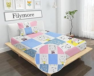 Filymore Cat Single bedsheet for Girls Kid bedsheet for Small Size Bed 240 TC Microfiber Soft Cartoon bedcover for Kids Room (90x60 Inches)(Yellow and Blue)