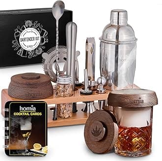 Bartender Kit with Whiskey Smoker - 13 pcs, Bamboo Stand - Bar Set with Cocktail Shaker, Bartending Kit with Essential Bar Accessory Tools, Wood Chips, Steel