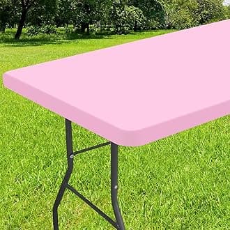 Smiry Rectangle Tablecloth, Elastic Fitted Flannel Backed Vinyl Tablecloths for 8ft Folding Tables, Waterproof Wipeable Table Covers for Indoor, Outdoor, Picnic and Camping (Pink, 30"x96")